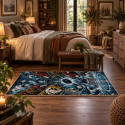 Hockey Goal and Players Collage Rug displayed in a main bedroom