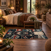Hockey Gear and Rink Collage Rug displayed in a main bedroom