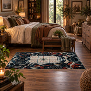 Crossed Hockey Sticks and Puck Rug displayed in a main bedroom