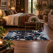 Hockey Puck and Crossed Sticks Emblem Rug displayed in a main bedroom