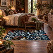 Mountain Hockey Compass Rug displayed in a main bedroom