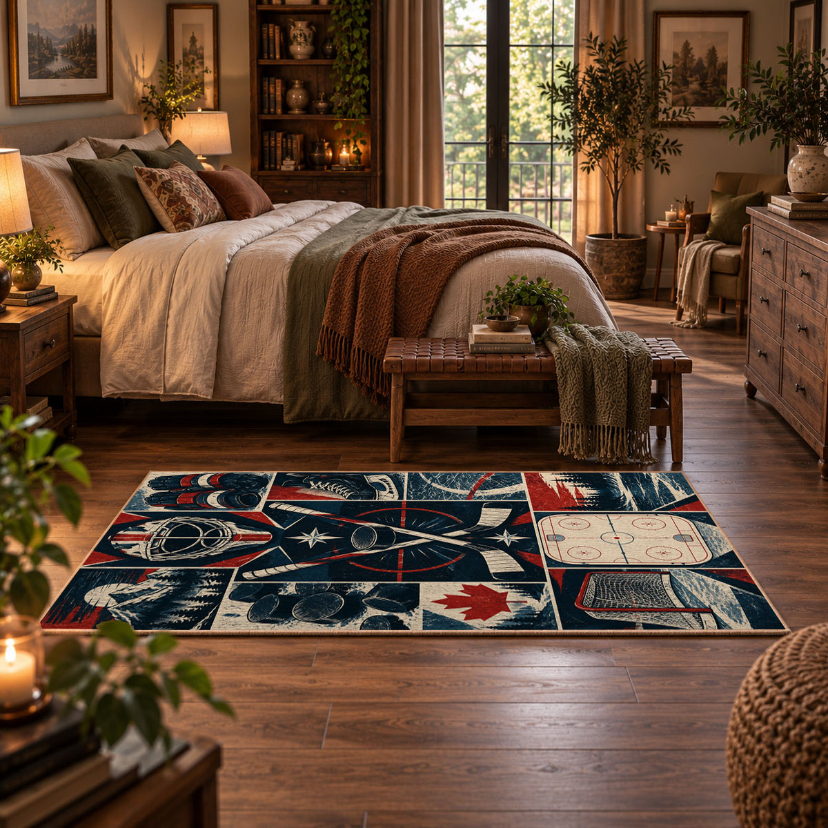 Hockey Rink Panel Collage Rug displayed in a main bedroom