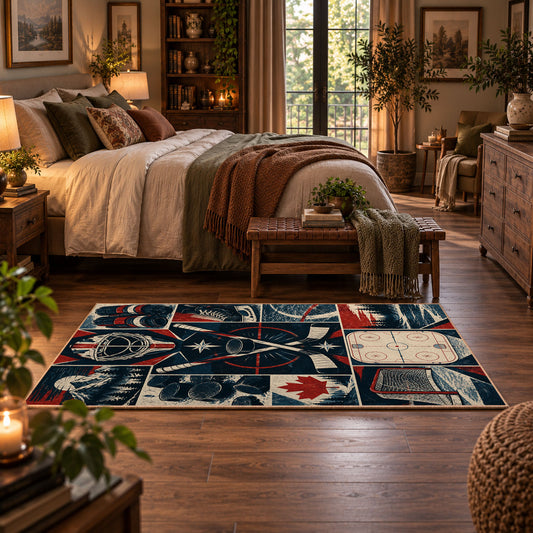 Hockey Rink Panel Collage Rug displayed in a main bedroom