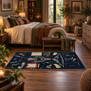 Hockey Equipment Lineup Rug displayed in a main bedroom