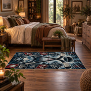Crossed Hockey Sticks Frozen Rink Rug displayed in a main bedroom