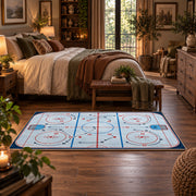 Bright Classic Hockey Rink Rug displayed in a main bedroom