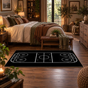 Minimal Black Hockey Rink Rug displayed in a main bedroom