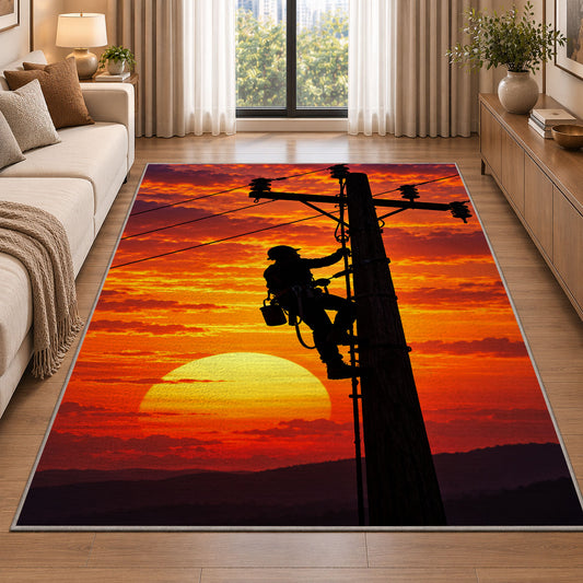 lineman climbing pole silhouette rug in a bright living room with a sofa