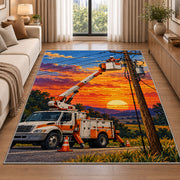 bucket truck lineman rug in a bright living room with a sofa