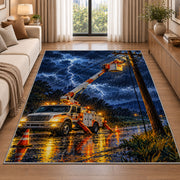 storm lineman bucket truck rug in a bright living room with a sofa