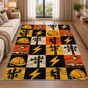 checkered lineman icons rug in a bright living room with a sofa