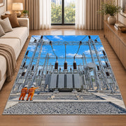 electrical substation rug in a bright living room with a sofa