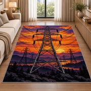 high voltage tower sunset rug in a bright living room with a sofa