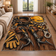 lineman climbing gear rug in a bright living room with a sofa
