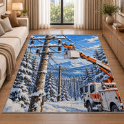 winter lineman bucket truck rug in a bright living room with a sofa