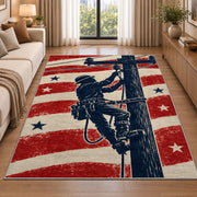 patriotic lineman silhouette rug in a bright living room with a sofa