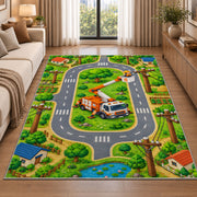 kids lineman road play rug in a bright living room with a sofa