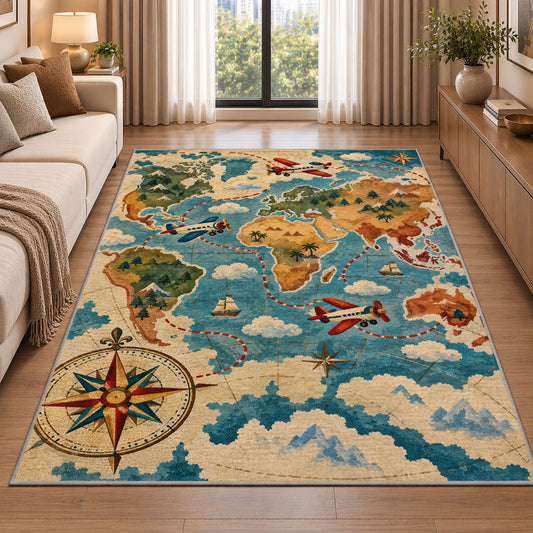 Vintage World Map Rug in a bright living room with a sofa