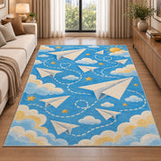 Paper Airplane Rug in a bright living room with a sofa