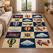 Retro Airplane Checkered Rug in a bright living room with a sofa