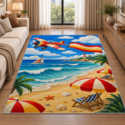 Beach Airplane Banner Rug in a bright living room with a sofa
