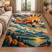 Retro Aviation Poster Rug in a bright living room with a sofa