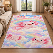 Rainbow Axolotl Rug in a bright living room with a sofa