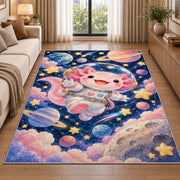 Astronaut Axolotl Rug in a bright living room with a sofa