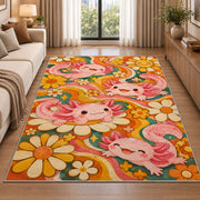 Retro Groovy Axolotl Rug in a bright living room with a sofa