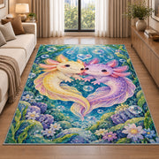Axolotl Love Rug in a bright living room with a sofa