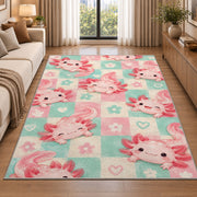 Pastel Checkered Axolotl Rug in a bright living room with a sofa