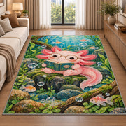 Axolotl Reading Book Rug in a bright living room with a sofa