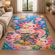 Axolotl Birthday Party Rug in a bright living room with a sofa
