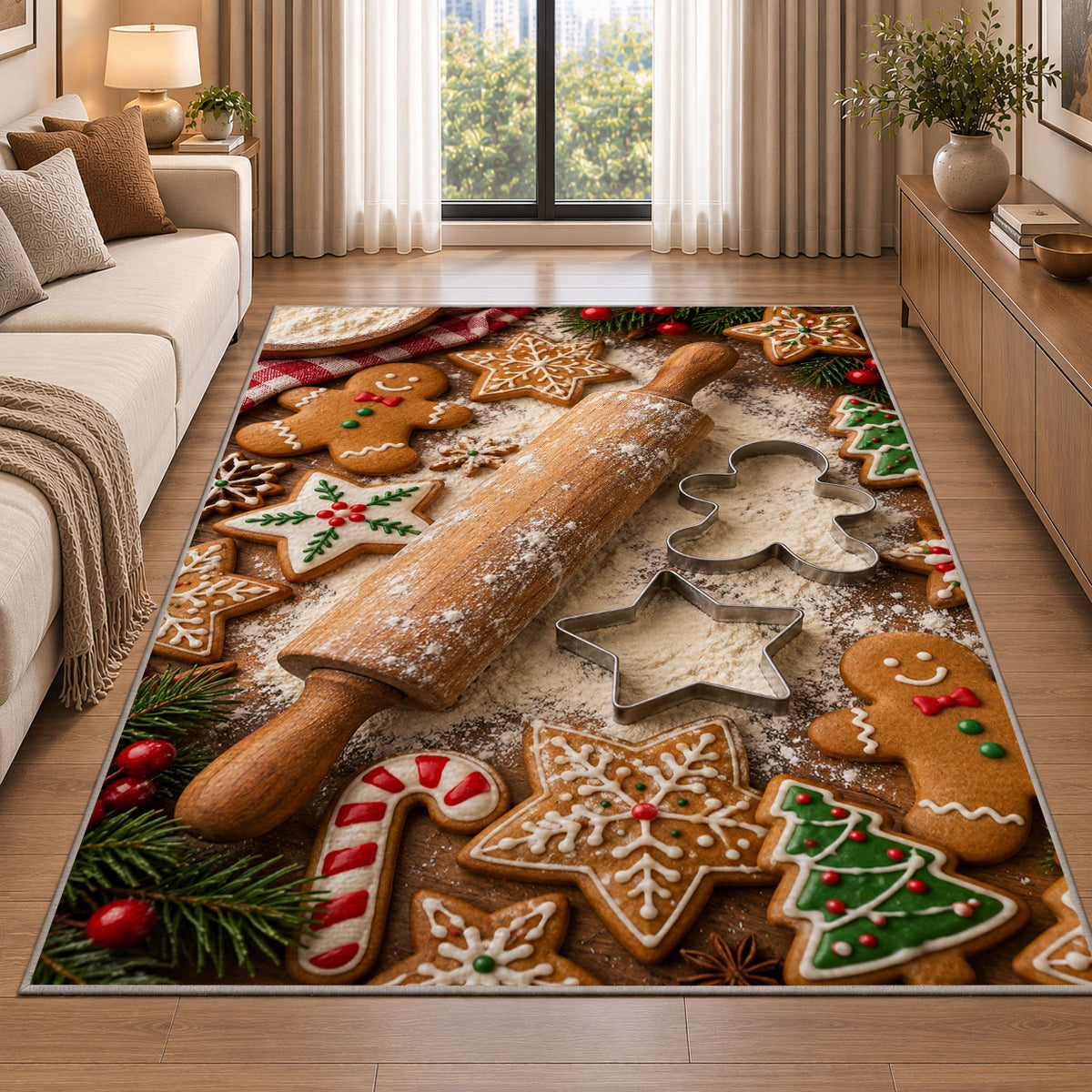 Gingerbread baking rug in a bright living room with a sofa