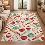 Baking tools pattern rug in a bright living room with a sofa