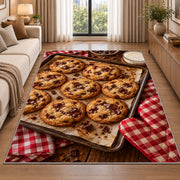 Chocolate chip cookie tray rug in a bright living room with a sofa