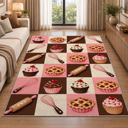 Checkered bakery icons rug in a bright living room with a sofa