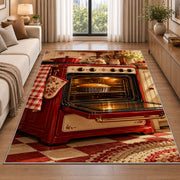 Vintage red oven rug in a bright living room with a sofa