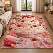 Strawberry tiered cake rug in a bright living room with a sofa