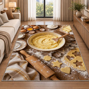 Baking flat lay rug in a bright living room with a sofa