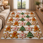 Christmas cookie grid rug in a bright living room with a sofa