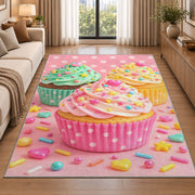 Cute pastel cupcakes rug in a bright living room with a sofa