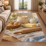 Eggs flour and butter rug in a bright living room with a sofa