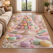 Pastel macaron tower rug in a bright living room with a sofa