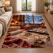 Winter baking window rug in a bright living room with a sofa