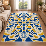 Geometric whisks and measuring cups rug in a bright living room with a sofa