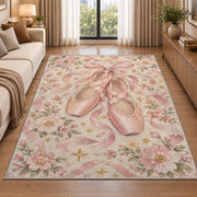 Pink pointe shoes floral rug in a bright living room with a sofa