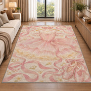Pink tutu on hanger rug in a bright living room with a sofa