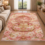 Ballerina music box rug in a bright living room with a sofa