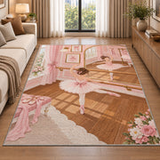 Ballet studio rug in a bright living room with a sofa